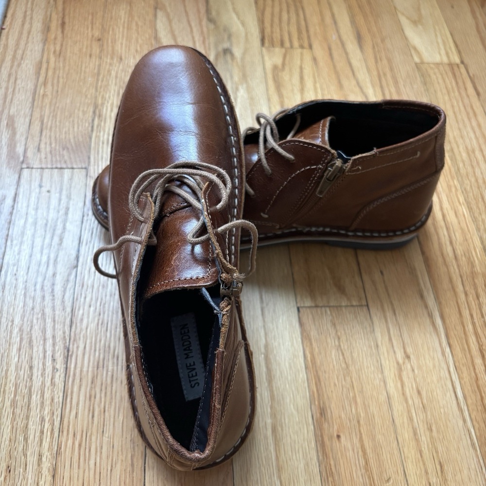 Steve Madden Harken Boys Cognac Leather Lace & Zip Up Sz 7B Chukka Boot